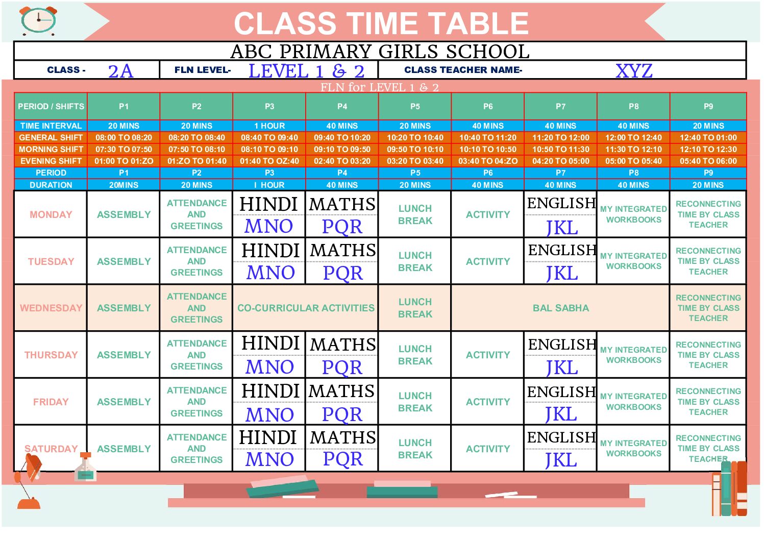 CLASS TIME TABLE FOR MCD TEACHERS