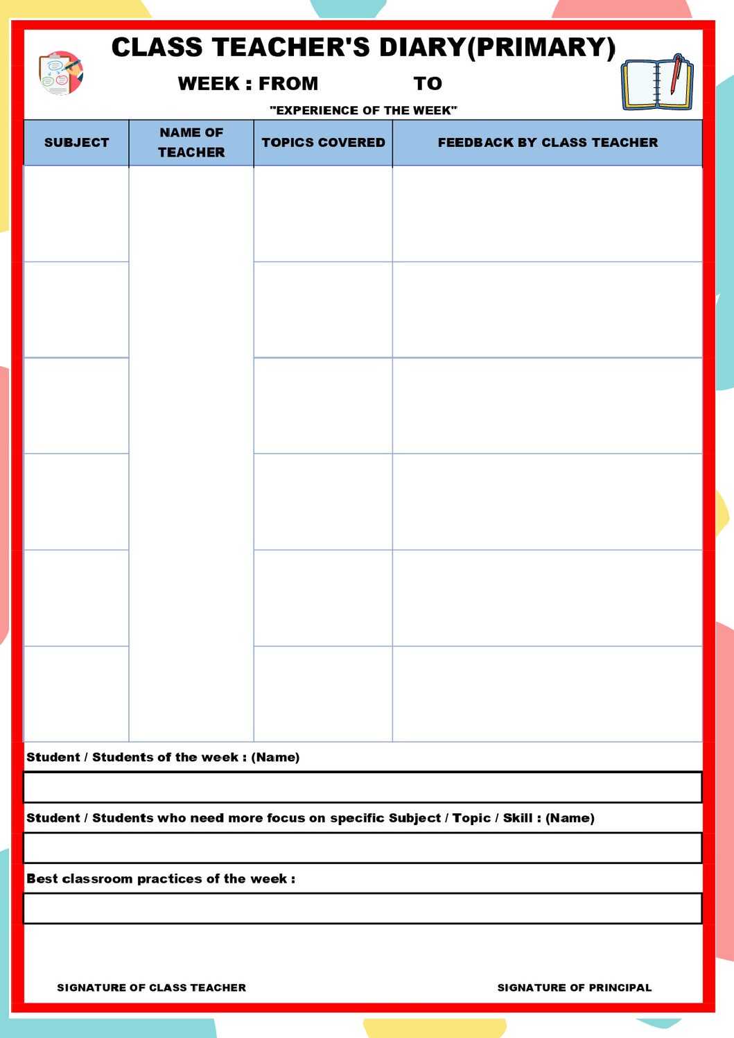 Weekly Teacher’s Diary Format for MCD Educators